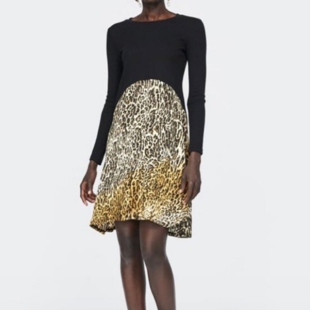 ZARA TRAFALUC😶 Contrasting Leopard/Black High Low Dress